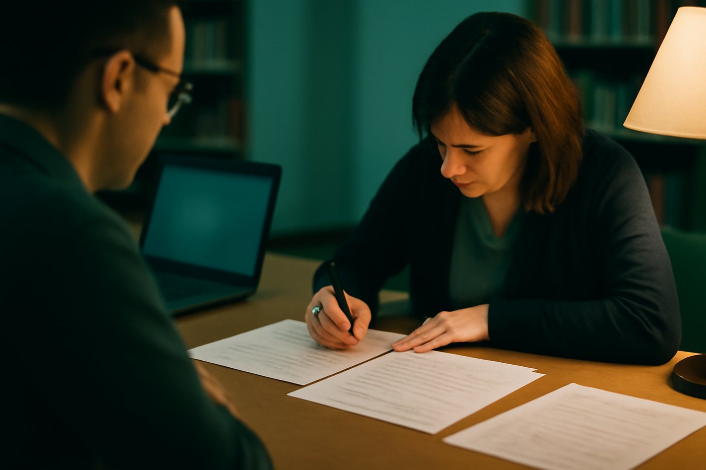 Two specialists reviewing printed exam item drafts at a table
