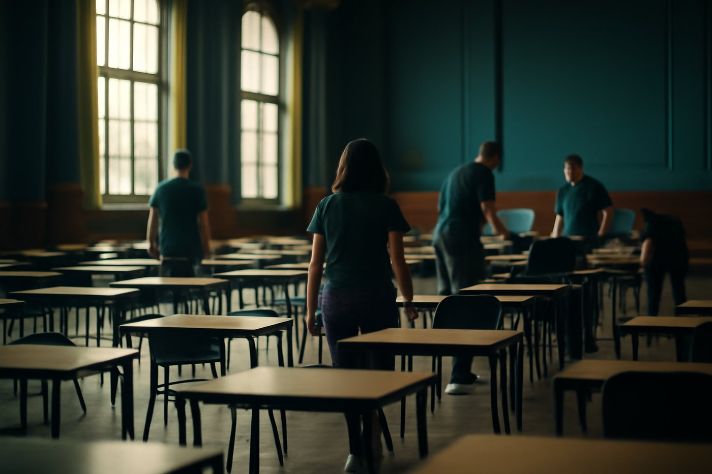 Staff setting up rows of tables in a large civic hall for an exam