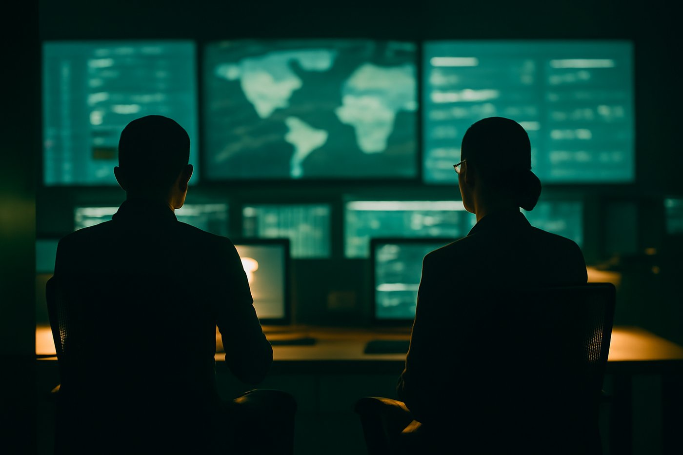 Operations room with wall displays and two silhouetted operators