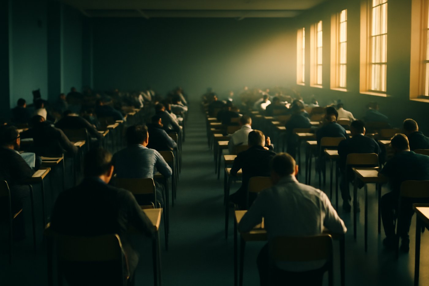 Wide view of an orderly examination hall with evenly spaced desks