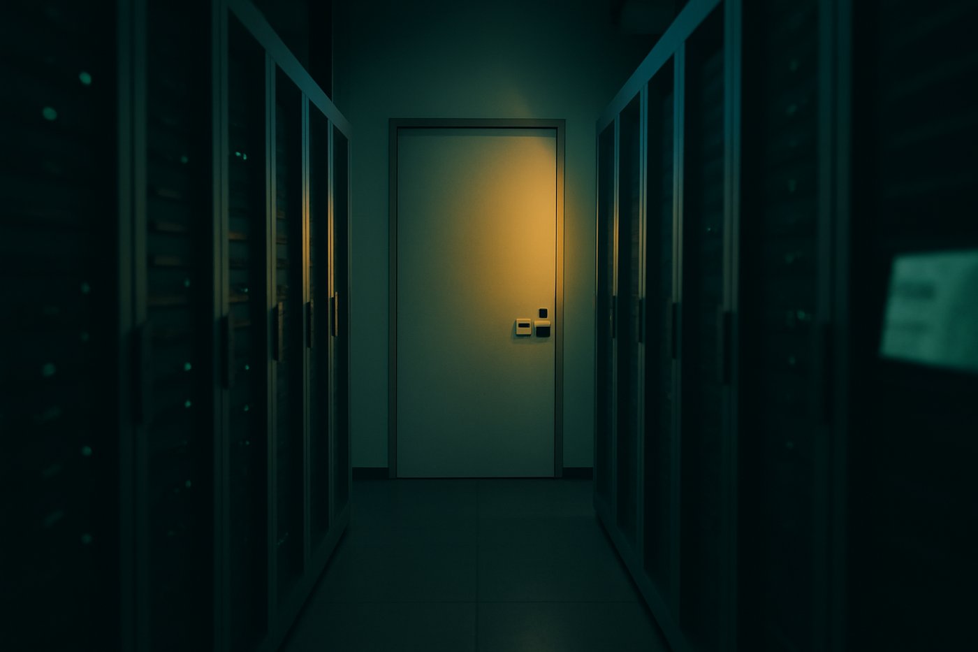 Aisle of a secure server room with an access-controlled door