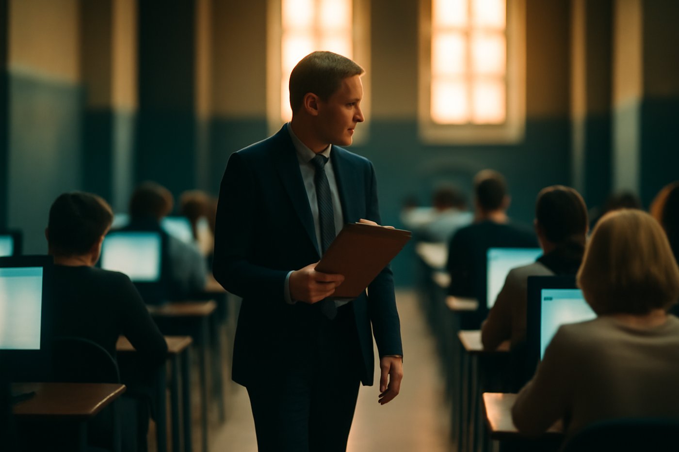 An invigilator walking between rows of desks in an exam room