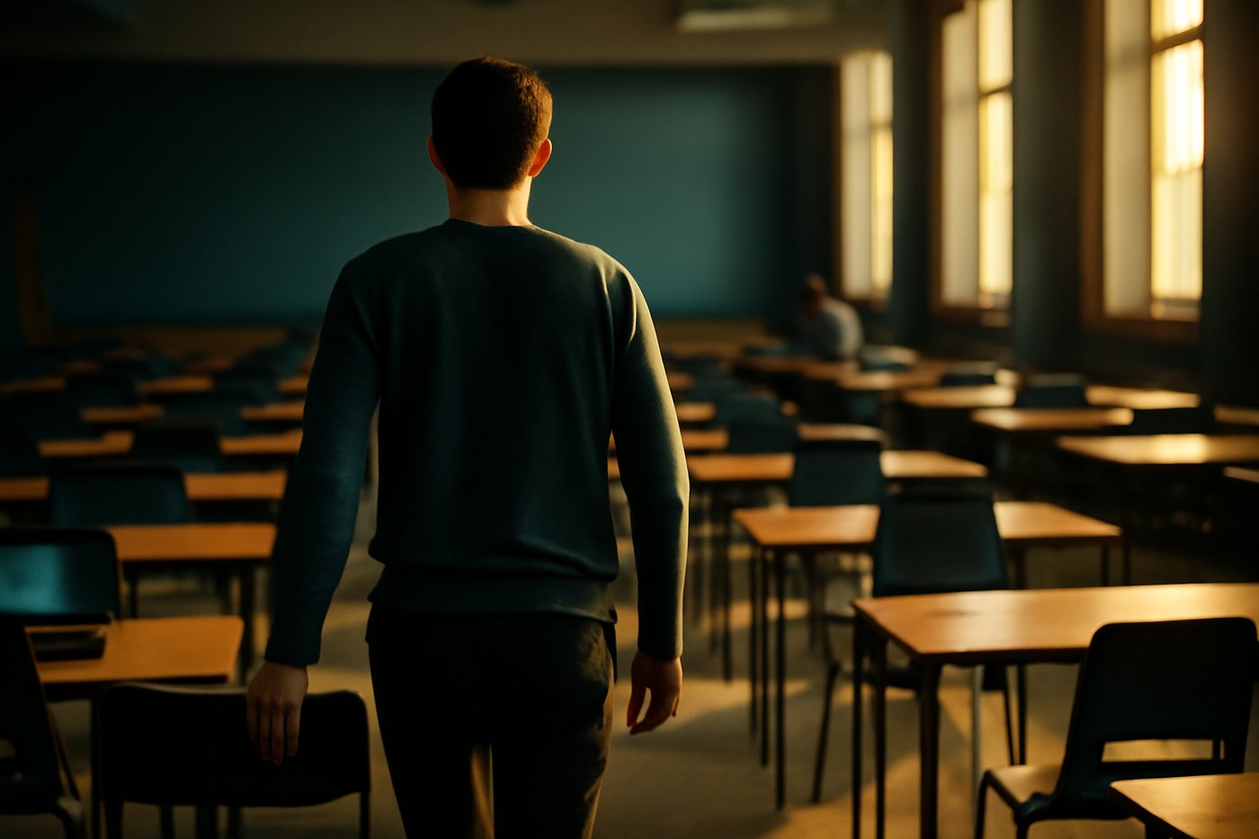 A candidate stepping away from a desk in an emptying exam hall